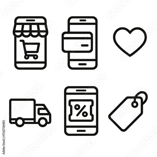Mobile Shopping outline icon set: shopping app, phone payment, wishlist heart, delivery truck, digital coupon, price label. , , High resolution, sharp vector-like appearance, ideal