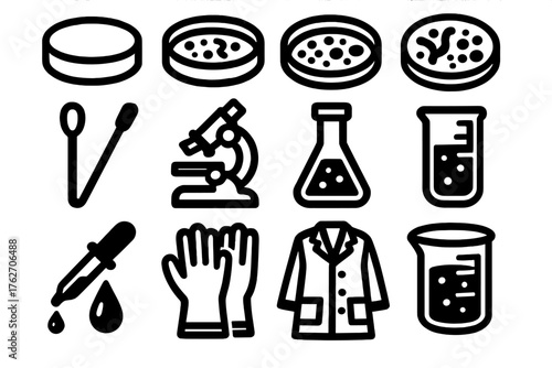 Lab petri dishes silhouette set: closed petri dish, open petri dish, bacteria colonies, fungal growth, sterile swab, microscope, test tube, pipette, lab gloves, lab coat, flask,