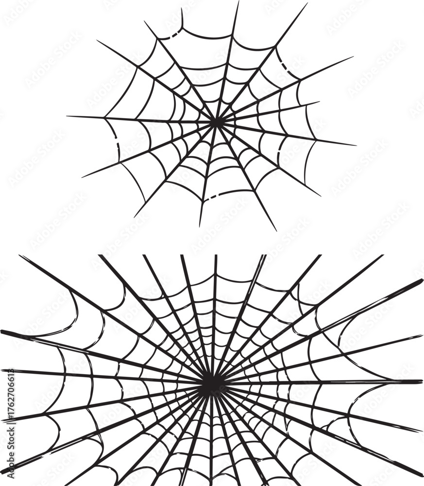 Fototapeta premium Stylized black spider web patterns with radial symmetry on white.
