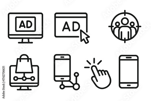 Ad Technology outline icon set: monitor screen, ad pop-up, analytics chart, target audience, shopping icon, digital network, mobile phone, mouse click. , , High resolution, sharp