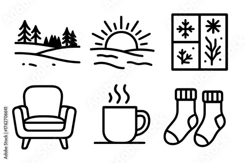 Winter Morning Stillness outline icon set: snowy field, rising sun, cozy chair, steaming coffee, frosty glass, distant trees, wool socks, tranquil glow. , , High resolution, sharp