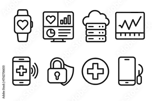 Digital Health Monitoring outline icon set: wearable device, data dashboard, cloud server, real-time graph, wireless waves, secure symbol, medical cross, connected phone. , , High