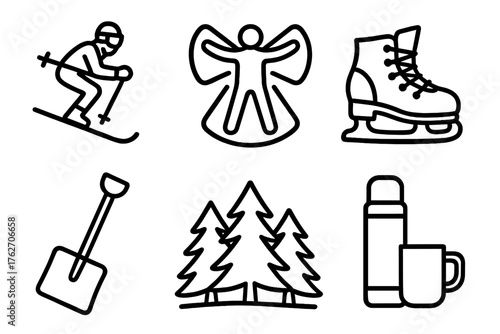 Winter Snow Activities outline icon set: skiing downhill, snow angel wings, ice skates, snow shovel, pine forest, thermos mug. , , High resolution, sharp vector-like appearance,