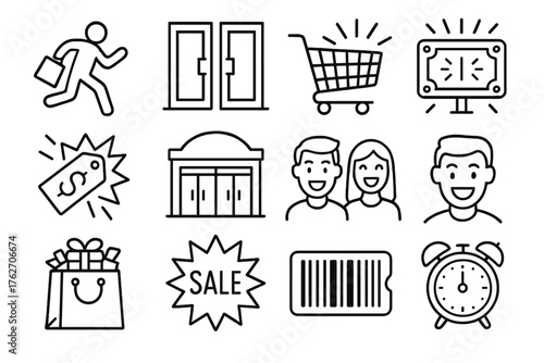 Black Friday Doorbusters outline icon set: early shopper, opening doors, sale explosion, shopping cart, flashing sign, discount ticket, store entrance, excited faces, bag of gifts,