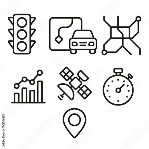 Traffic Optimization outline icon set: traffic light, GPS route, car icon, road network, data chart, satellite, timer, location pin. , , High resolution, sharp vector-like