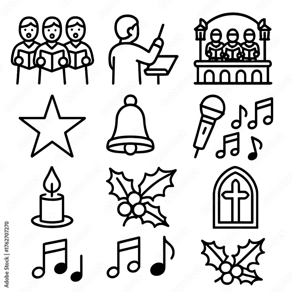 Fototapeta premium Christmas Choir outline icon set: choir group, songbook, conductor, stage, lanterns, star, bell, microphone, notes, church window, candle flame, holly branch. , , High resolution,