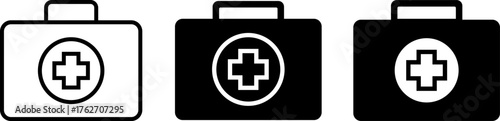 Three medical first aid kit icons in white black and silhouette