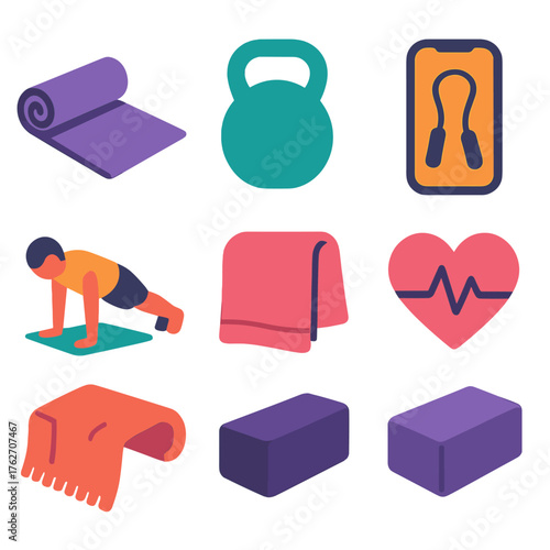 Fitness at Home flat icons: exercise mat, kettlebell, jump rope, mobile phone, push-up figure, towel, heart rate, yoga block. , , High resolution, sharp vector-like appearance,