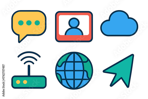 Digital Communication flat icons: instant message, video conference, cloud icon, wifi router, global connection, send arrow. , , High resolution, sharp vector-like appearance,