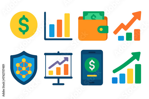 Transaction Analytics flat icons: money symbol, data chart, wallet icon, trend line, secure network, statistics board, payment screen, growth arrow. , , High resolution, sharp