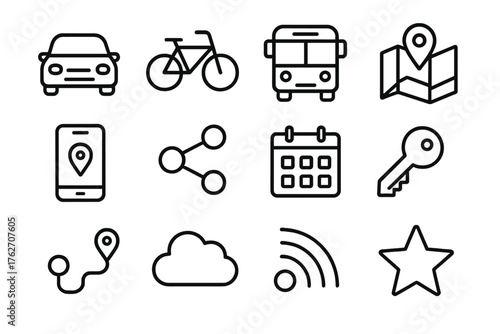 Mobility Services outline icon set: car, bike, bus, map, smartphone, share icon, calendar, key, GPS route, cloud, signal wave, star. , , High resolution, sharp vector-like