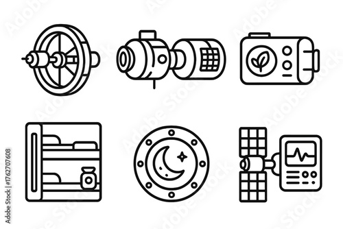 Orbital Living outline icon set: rotating station, habitat module, life support system, bunk bed, food pack, viewport window, solar wing, communication panel. , , High resolution,
