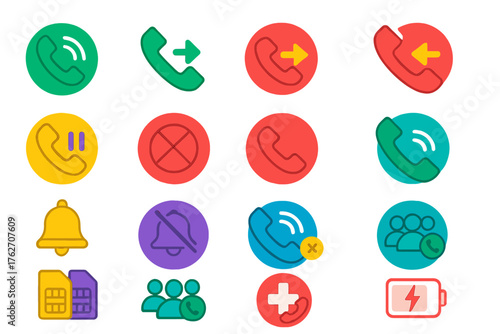 Call Status Icons flat icons: active call, incoming call, outgoing call, missed call, hold call, call blocked, call ended, call transfer, ringing bell, silent bell, phone with wifi