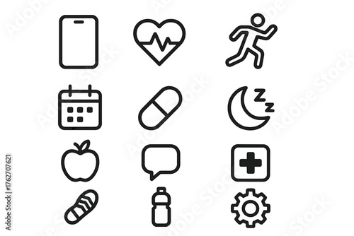 Mobile Health Apps outline icon set: phone, heart pulse, fitness icon, calendar, pill, sleep moon, apple, chat, medical cross, step count, water bottle, settings. , , High