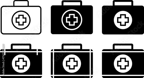 Collection of medical first aid kit icons in black and white