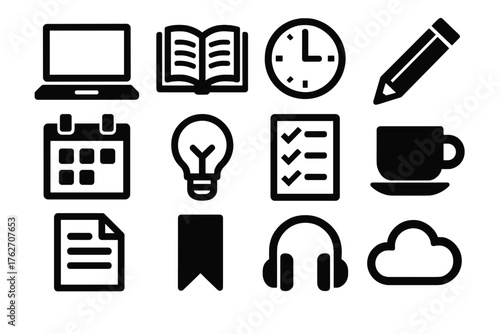Self-Paced Study silhouette set: laptop, open book, clock, pencil, calendar, light bulb, checklist, coffee cup, document, bookmark, headphones, cloud. , , High resolution, sharp