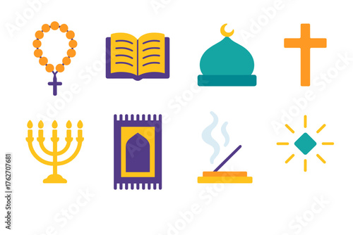 Faith Practices flat icons: rosary beads, open scripture, mosque dome, cross icon, menorah, prayer mat, incense smoke, sacred light. , , High resolution, sharp vector-like