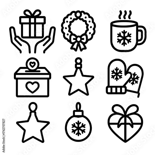 Christmas Giving outline icon set: open hands, present with ribbon, wreath, hot cocoa mug, charity box, star ornament, mitten pair, heart gift. , , High resolution, sharp