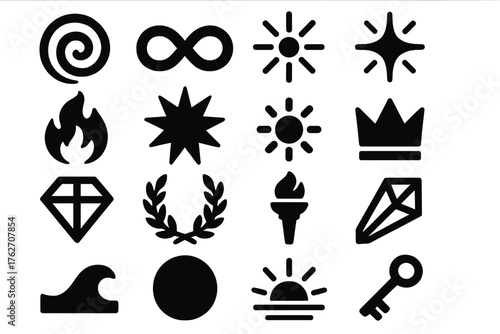 Symbolic Burst Mode silhouette set: spiral, infinity loop, radiant aura, glowing spark, flame, starburst, sun, crown, diamond, laurel wreath, torch, prism, wave, circle, sunrise,