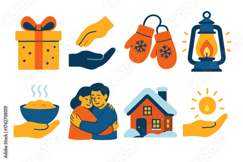 Winter Holiday Giving flat icons: wrapped present, helping hand, knitted mittens, glowing lantern, shared meal, warm hug, snow-covered house, gentle light. , , High resolution,