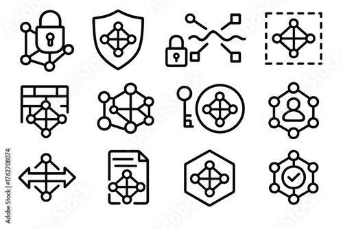Service Mesh Security outline icon set: lock on mesh, shield with mesh, encrypted path, zero-trust mesh, firewall node, TLS padlock, key exchange icon, identity mesh, access