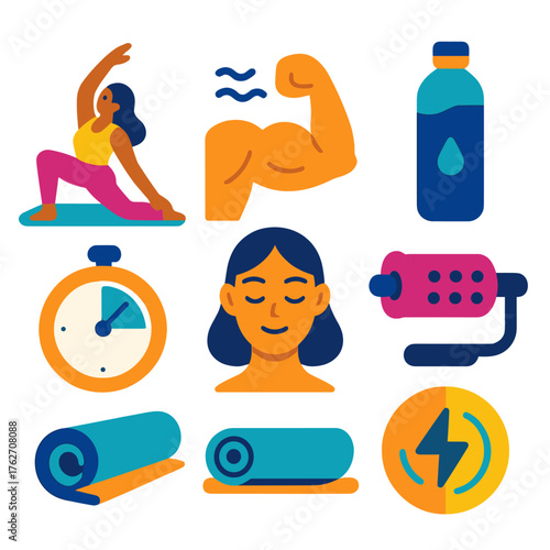 Recovery Routine flat icons: yoga stretch, muscle relief icon, hydration bottle, massage tool, rest timer, calm face, fitness mat, balanced energy. , , High resolution, sharp