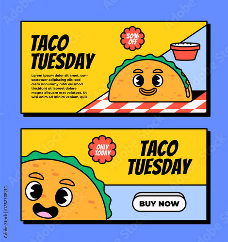Banner cute smiling taco character with promotional text vector illustration cartoon style for restaurant ads, food deals, social media banners, and Mexican cuisine concepts