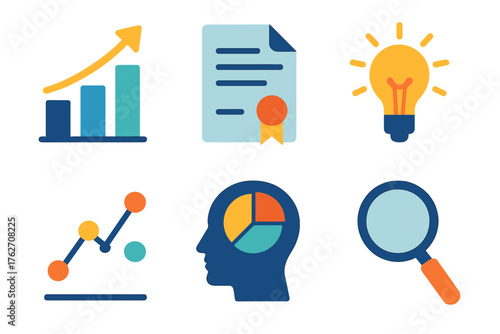 Evidence-Based Thinking flat icons: bar chart, document with seal, idea bulb, data points, analytical head, magnifier.