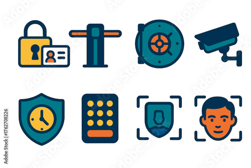 Security time card flat icons: lock with card, secure entry gate, vault door, ID verification, CCTV camera, shield with clock, passcode keypad, face scan.