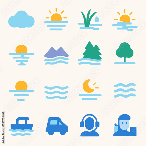 Mist Icons flat icons: soft cloud, rising sun, grass dew, light rays, lake reflection, mountain haze, foggy forest, tree outline, horizon line, calm water, moon glow, mist wave. P