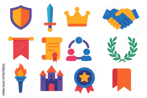 Guilds flat icons: shield, sword, crown, handshake, banner, scroll, people circle, laurel wreath, torch, castle, badge, ribbon.