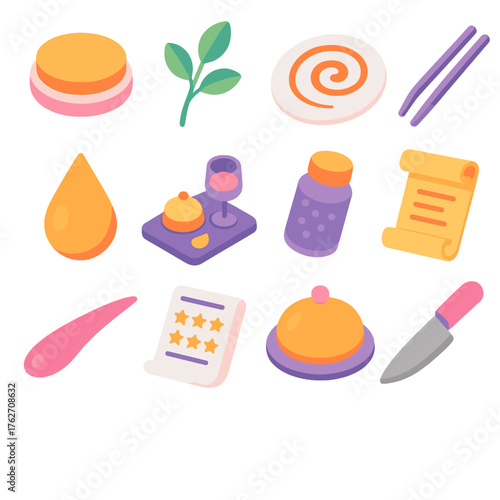 Presentation Symbols flat isometric set: layered dish, garnish sprig, food art swirl, plating tweezers, flavor droplet, tasting tray, spice jar, menu scroll, sauce line, review