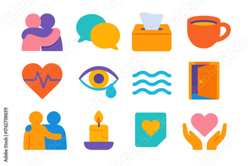 Emotional Support Icons flat icons: comforting hug, chat bubble, tissue box, tea cup, heart pulse, empathy eye, calm wave, open door, supportive friend, self-care candle, kindness