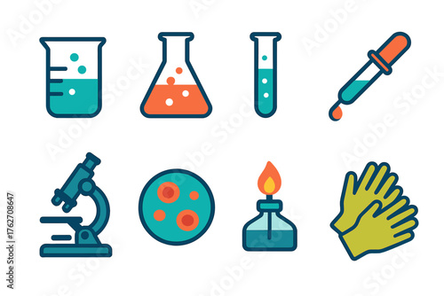 General Laboratory flat icons: beaker, flask, test tube, pipette, microscope, petri dish, burner, gloves.