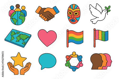 Multiculturalism flat isometric set: people globe, handshake, cultural mask, peace dove, world map, heart, flag, open hands, star, speech bubble, unity circle, diversity icon.