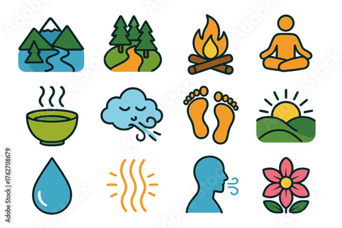 Nature & Healing Travel Symbols flat icons: mountain river, forest path, campfire, meditation seat, herbal steam, fresh air cloud, barefoot steps, sunrise over hills, water droplet