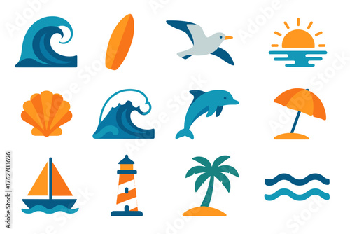 Ocean Wave Set flat icons: rolling wave, surfboard, seagull, sun over sea, shell, foam crest, dolphin, beach umbrella, sailboat, lighthouse, palm tree, tide line.