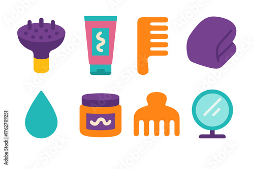 Curly Hair Routine flat icons: diffuser, curl cream, wide comb, towel, droplet, jar, hair clip, mirror.