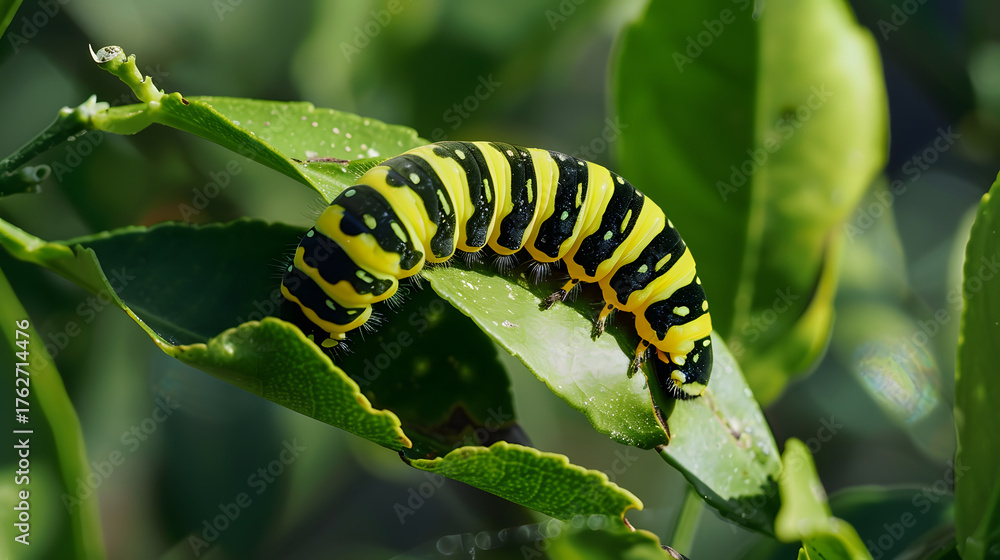 Naklejka premium Yellow and black caterpillar on green leaf