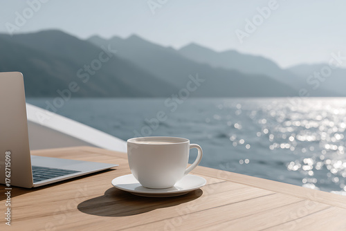 luxury yacht workcation, laptop, coffee, serene yacht deck with high-res ocean and mountain views- luxurious and peaceful