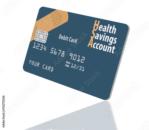 A Health Savings Account debit card decorated with an image of an adhesive bandage is seen in a 3-d illustration.