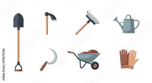 set farming tools flat vector illustration with shovel hoe rake watering can sickle wheelbarrow and gloves for agriculture and gardening