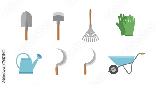 set farming tools flat illustration collection with shovel rake sickle watering can gloves and wheelbarrow