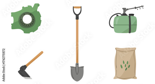 farm tools vector with shovel, hoe, sprayer, and seed bag