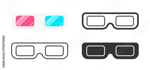 Stereoscopic movie glasses set. Spectacles, cinema vision 3d effect frame red blue lenses, line, color flat, black silhouette, glyph, linear style. Anaglyph, depth, red-cyan, dimensional eyeglasses