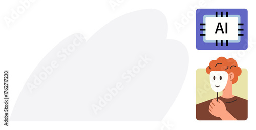 Person holding mask, alongside microchip marked AI, representing artificial intelligence, deception, technology. Ideal for identity, AI ethics, innovation, human-machine interaction decision-making