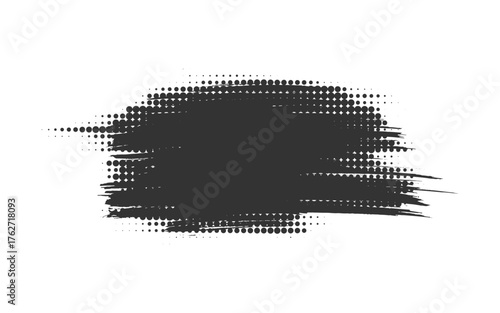 Textured black brush stroke blot with irregular edge shape. Messy expressive pattern sharp edges, gritty halftone smudge. Bold blotch featured uneven monochrome raw surface, chaotic jagged details