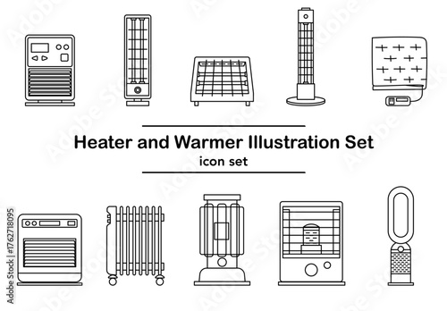 家庭用の暖房器具を線画で描いたフラットなアイコンセット｜冬の生活を象徴するヒーターやストーブをシンプルなベクタースタイルで表現