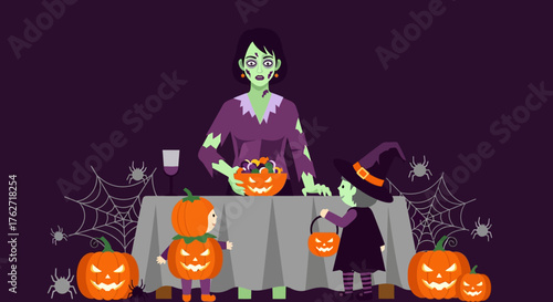 Mother and child in Halloween costumes with pumpkins and candy.