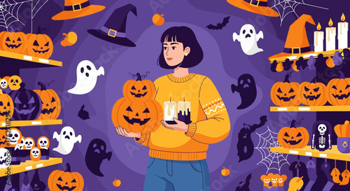 Young woman holding Halloween decorations in a store.